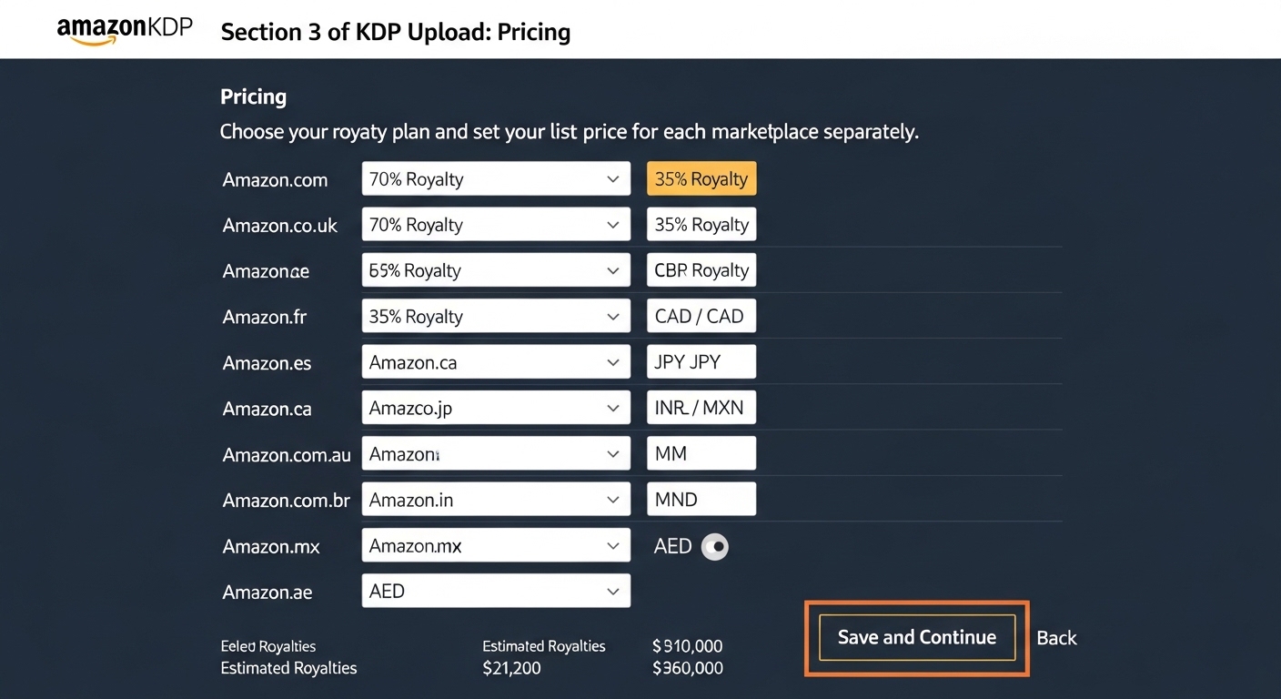 KDP Book Details form — title, subtitle, author name, and description fields