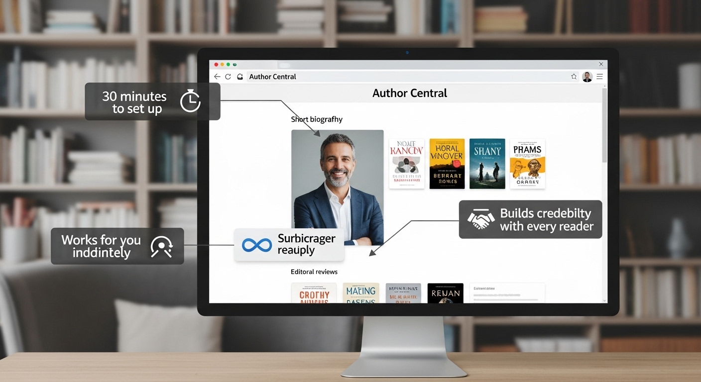 Amazon Author Central page setup &mdash; author profile on laptop showing books, bio and photo