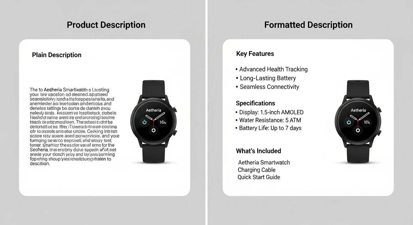 KDP book description formatting example — well-formatted vs plain text Amazon description
