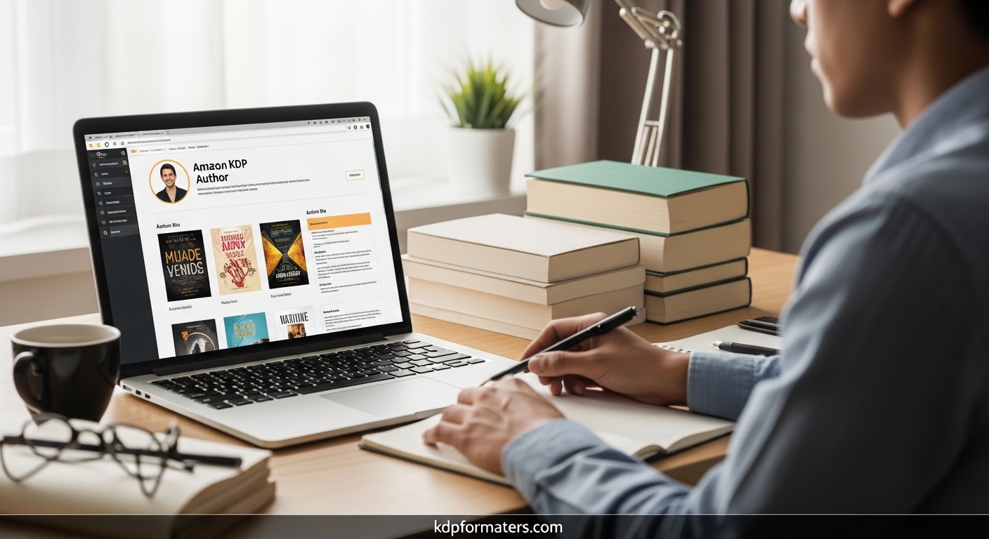 KDP font guide &mdash; open book showing clean serif typography on white pages, dark desk background