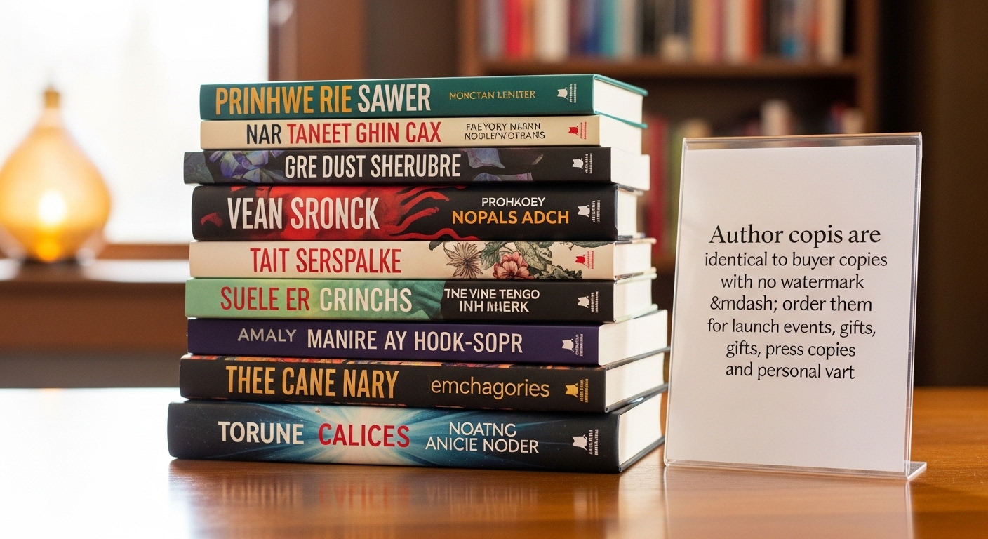 Stack of author copies of a self-published KDP book on a dark wooden desk