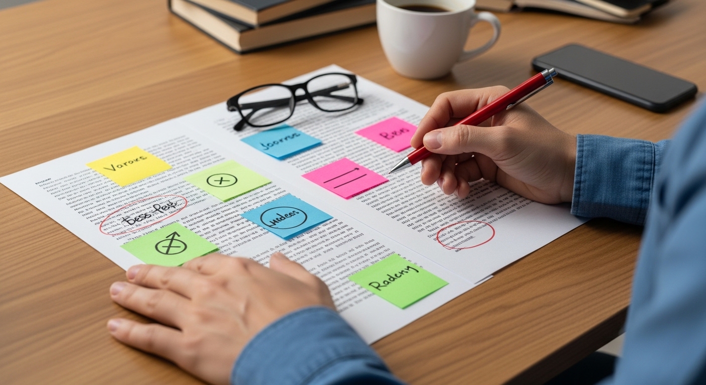 Author reviewing KDP proof copy page by page with pen and notepad