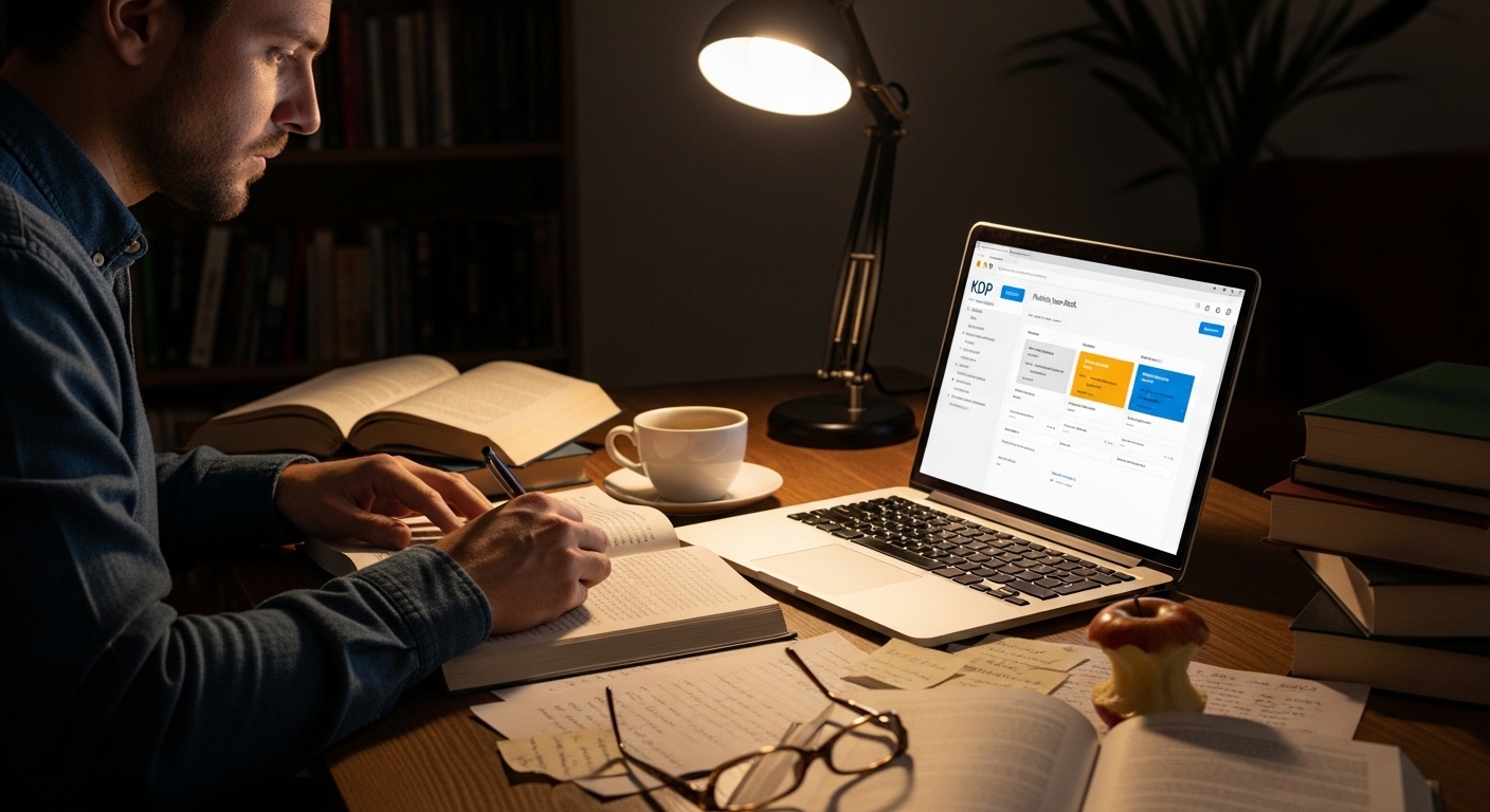 Self-published author celebrating publishing on Amazon KDP — laptop at dark desk with warm lighting