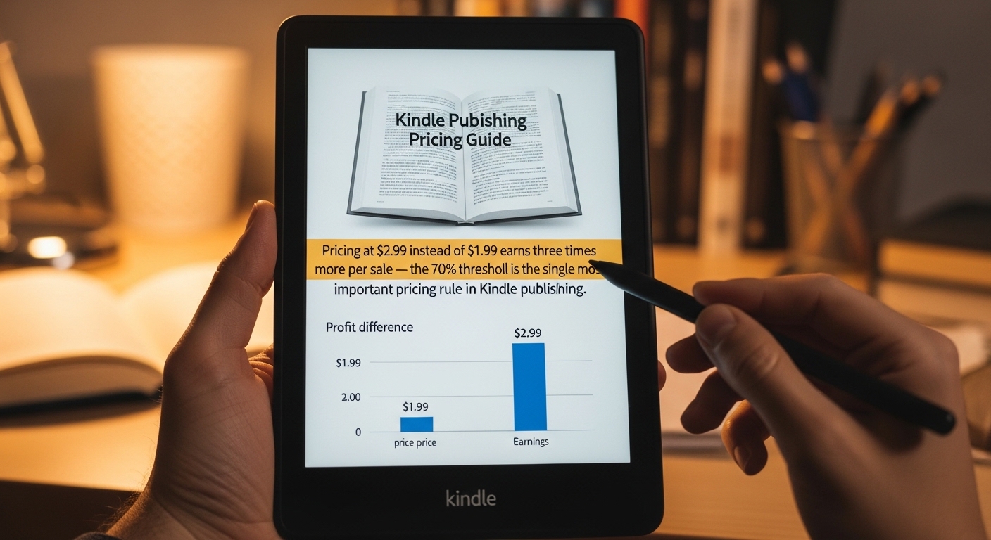 KDP royalty calculation dashboard — glowing bars showing earnings at different price points