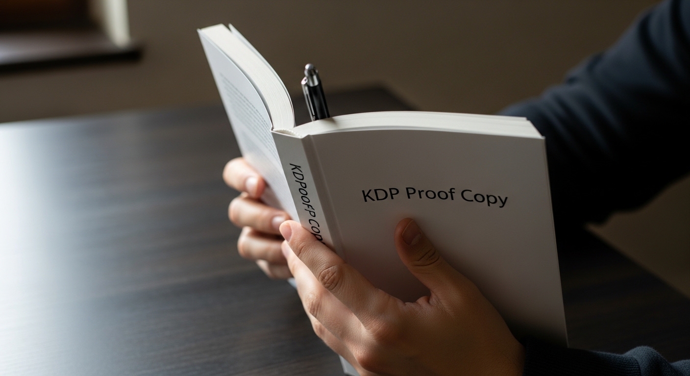 Reviewing a KDP proof copy — hands holding open paperback on dark wooden desk with warm lamp