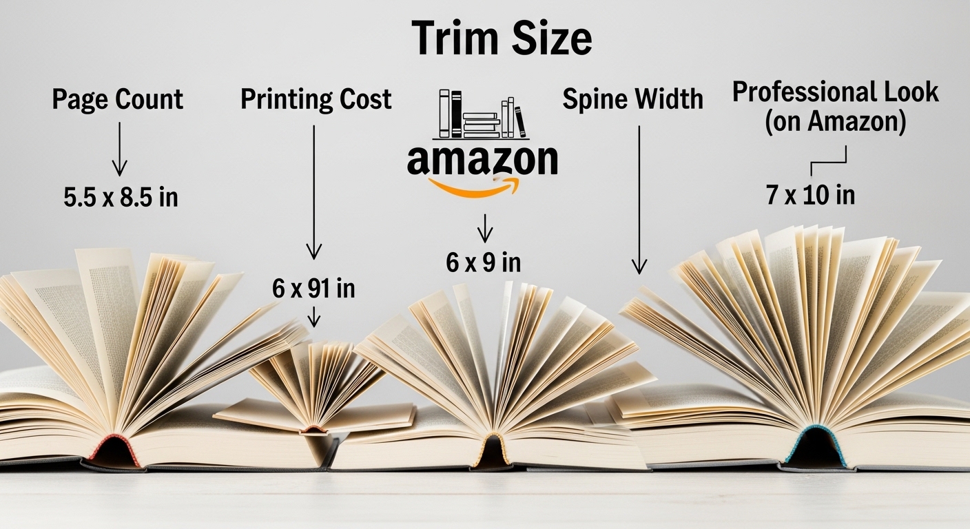 KDP trim size comparison — books arranged from smallest to largest on dark background
