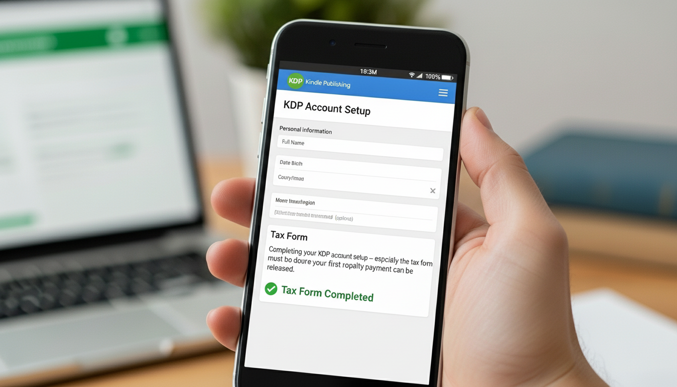 KDP account setup — dark themed registration form on laptop screen