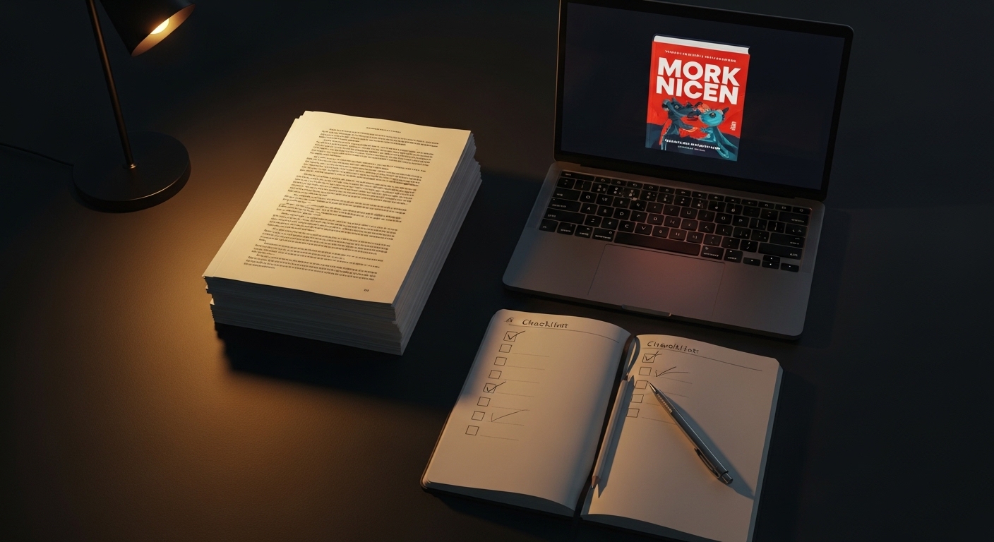 KDP upload preparation — manuscript, cover file and checklist on dark desk