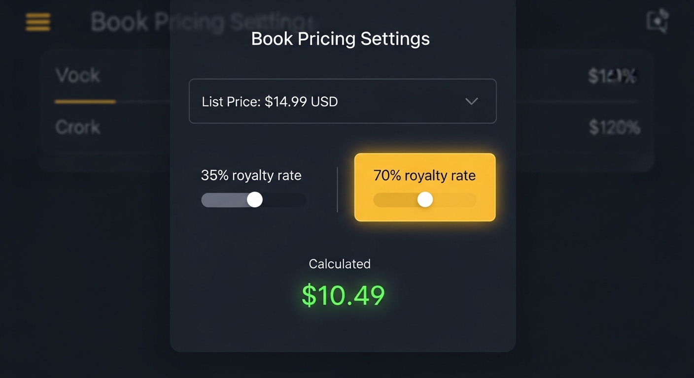 KDP pricing settings — list price and royalty plan selection in KDP dashboard