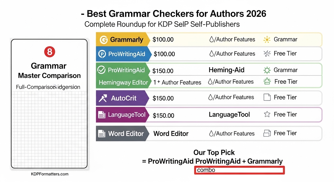 Best grammar checkers for authors 2026 — complete comparison of Grammarly, ProWritingAid, Hemingway, AutoCrit, LanguageTool