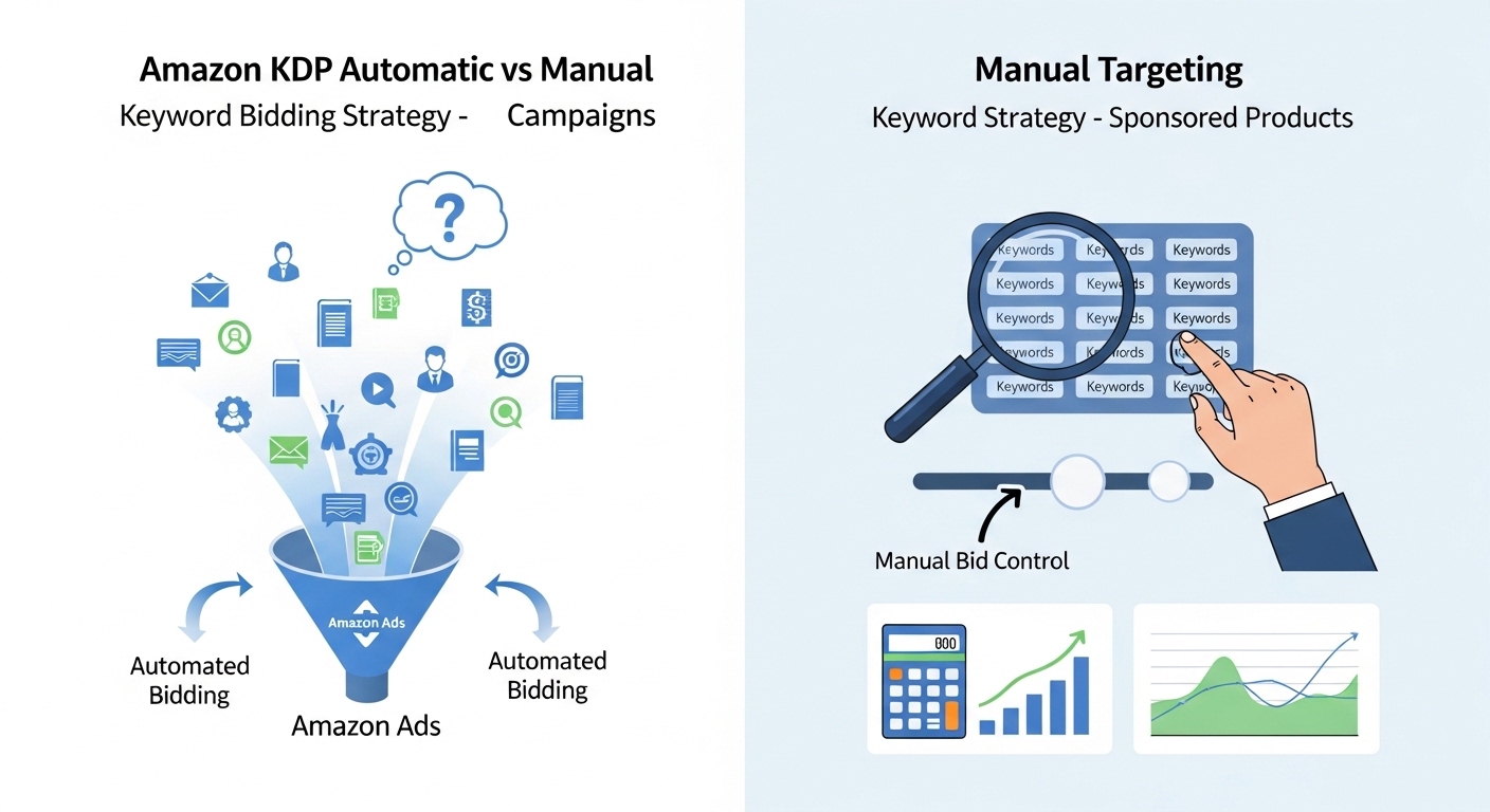 Amazon KDP automatic vs manual targeting campaigns — keyword bidding strategy Sponsored Products