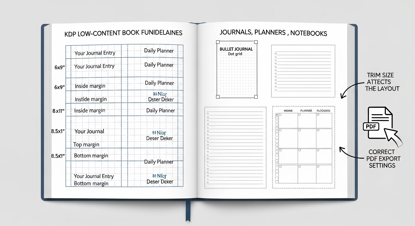 KDP low content book formatting — trim size margins page layout for journals planners notebooks