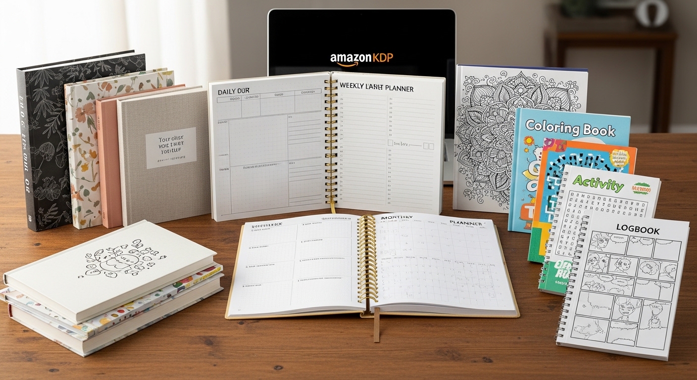 KDP low content books types — journals planners notebooks coloring books activity books Amazon KDP